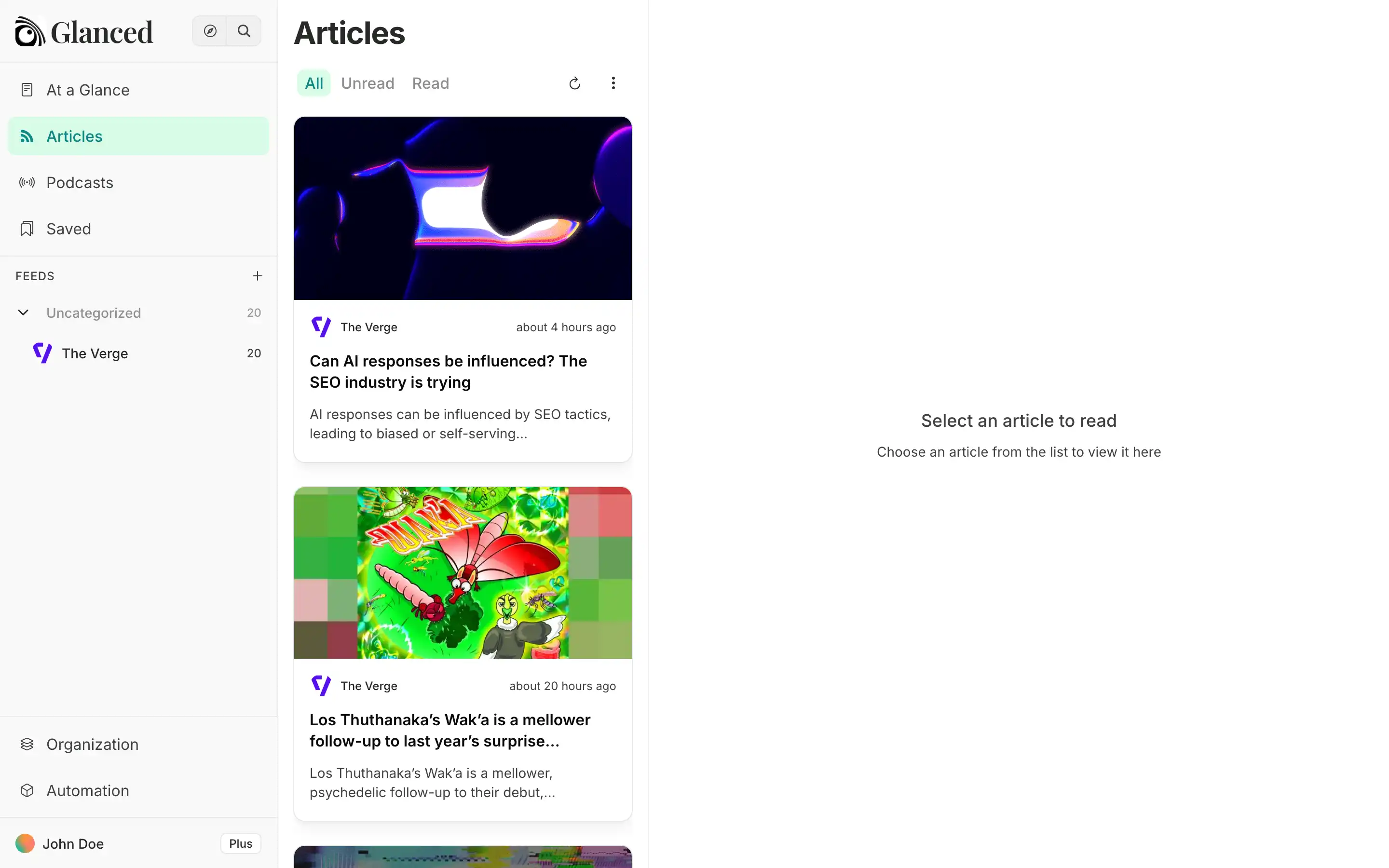 Article list in Glanced