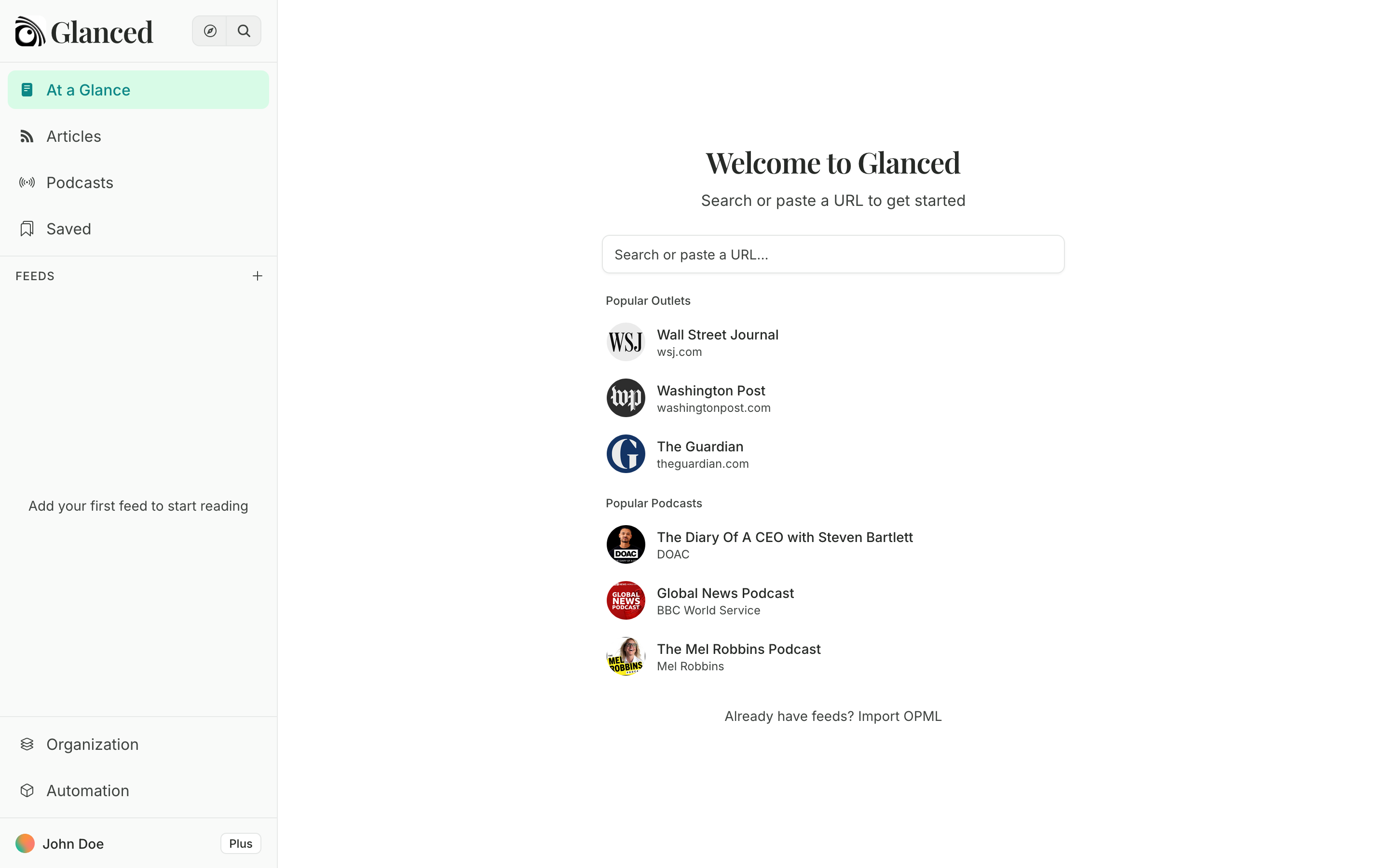 Glanced welcome screen